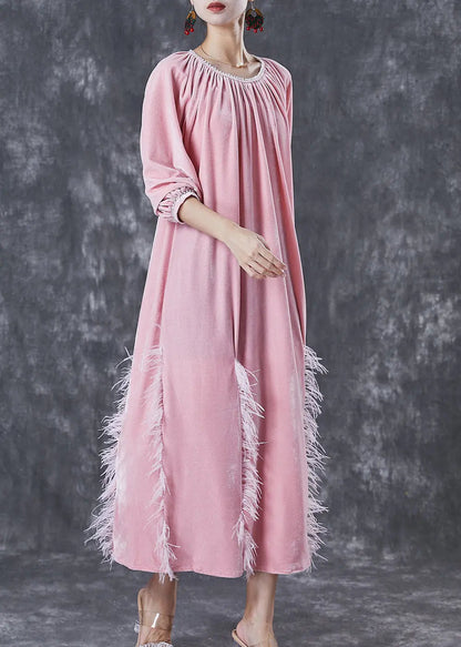 DIY Pink Tasseled Silk Velour Vacation Dresses Fall Ada Fashion