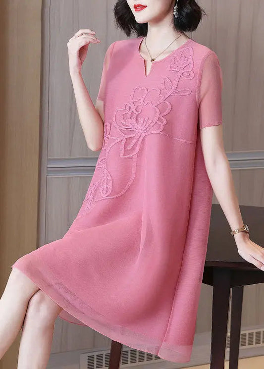 DIY Pink V Neck Embroidered Nail Bead Tulle Mid Dresses Short Sleev Ada Fashion