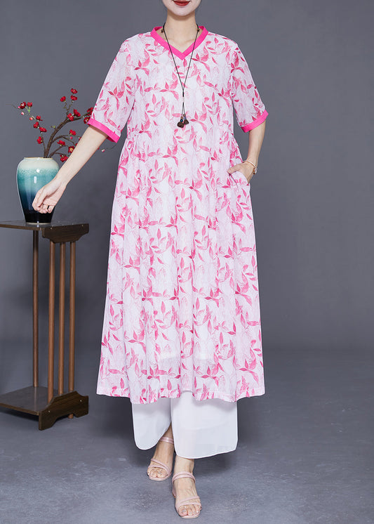 DIY Pink V Neck Patchwork Print Linen Dress Summer LY3677 - fabuloryshop