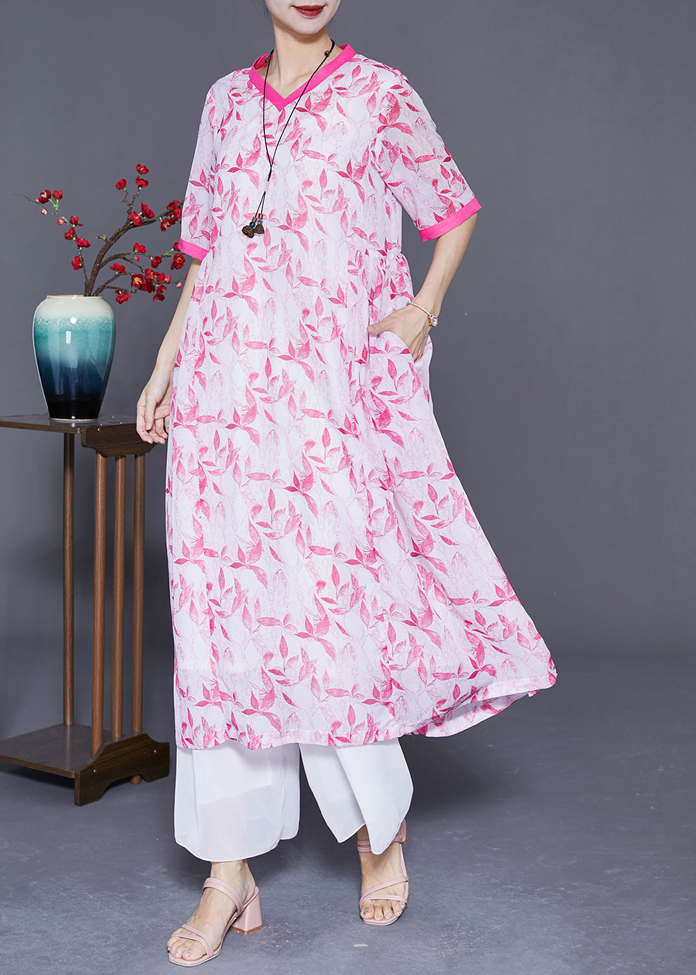 DIY Pink V Neck Patchwork Print Linen Dress Summer LY3677 - fabuloryshop