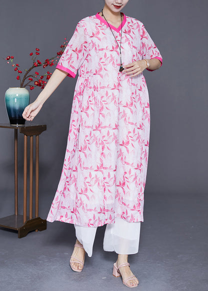 DIY Pink V Neck Patchwork Print Linen Dress Summer LY3677 - fabuloryshop