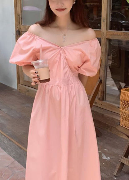 DIY Pink V Neck Wrinkled Patchwork Cotton Long Dress Summer LY2573 - fabuloryshop