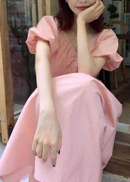 DIY Pink V Neck Wrinkled Patchwork Cotton Long Dress Summer LY2573 - fabuloryshop