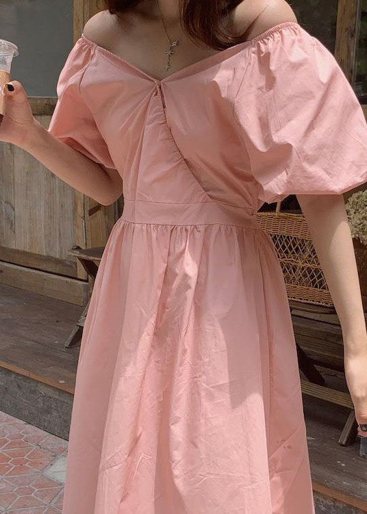 DIY Pink V Neck Wrinkled Patchwork Cotton Long Dress Summer LY2573 - fabuloryshop