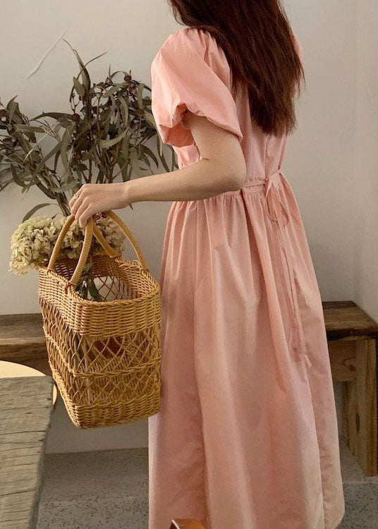 DIY Pink V Neck Wrinkled Patchwork Cotton Long Dress Summer LY2573 - fabuloryshop