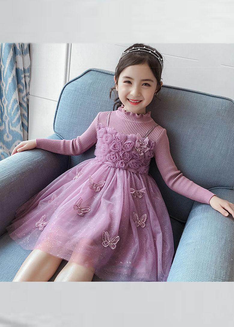 DIY Purple Butterfly Embroideried Floral Patchwork Tulle Girls Long Dresses Fall Ada Fashion