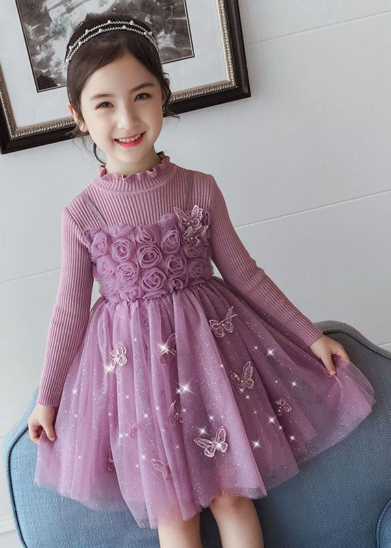 DIY Purple Butterfly Embroideried Floral Patchwork Tulle Girls Long Dresses Fall Ada Fashion