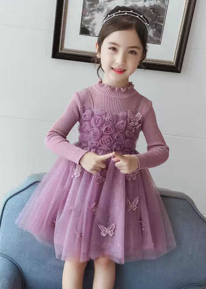 DIY Purple Butterfly Embroideried Floral Patchwork Tulle Girls Long Dresses Fall Ada Fashion