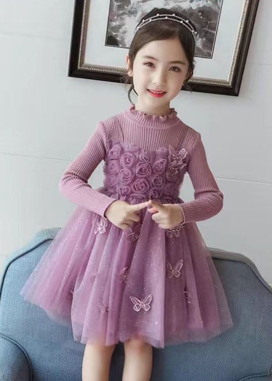 DIY Purple Butterfly Embroideried Floral Patchwork Tulle Girls Long Dresses Fall Ada Fashion