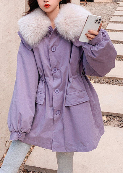 DIY Purple Fur Collar Pockets Patchwork Button Warm Fleece Parka Winter Ada Fashion