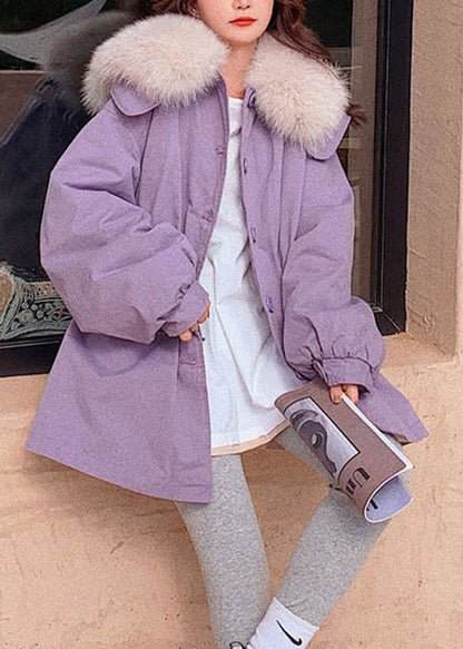 DIY Purple Fur Collar Pockets Patchwork Button Warm Fleece Parka Winter Ada Fashion