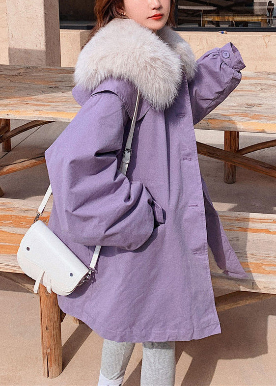 DIY Purple Fur Collar Pockets Patchwork Button Warm Fleece Parka Winter Ada Fashion