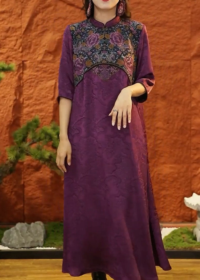 DIY Purple Mandarin Collar Patchwork Jacquard Silk Dresses Half Sleeve LC0201 - fabuloryshop