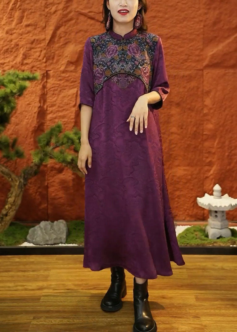 DIY Purple Mandarin Collar Patchwork Jacquard Silk Dresses Half Sleeve LC0201 - fabuloryshop