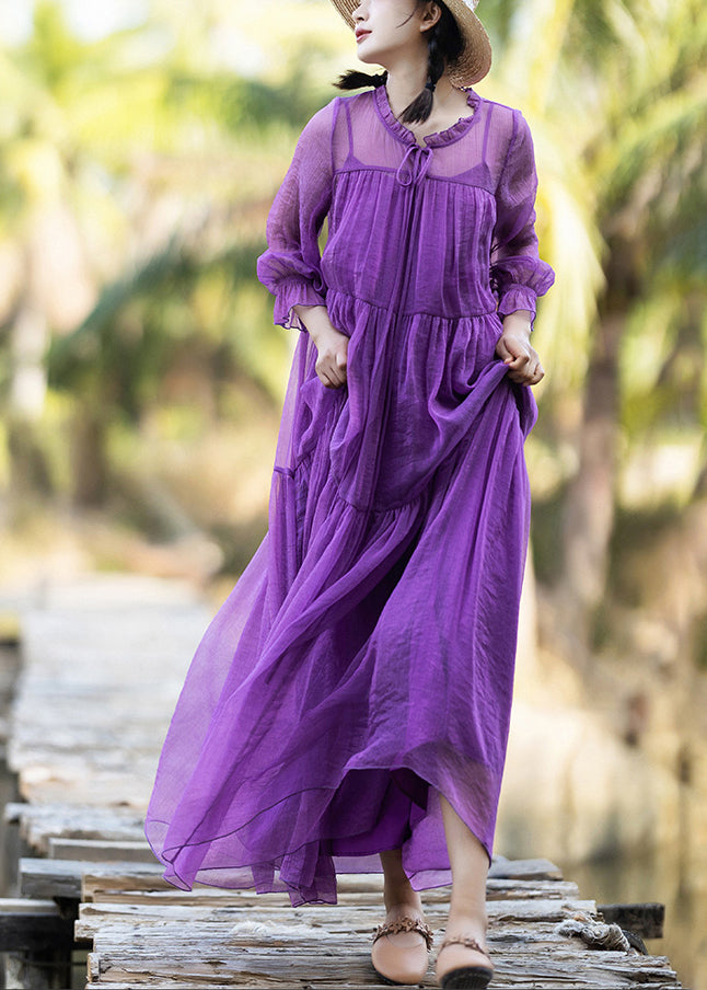 DIY Purple O-Neck Neck Tie Patchwork Chiffon Long Holiday Dresses Spring LY1733 - fabuloryshop