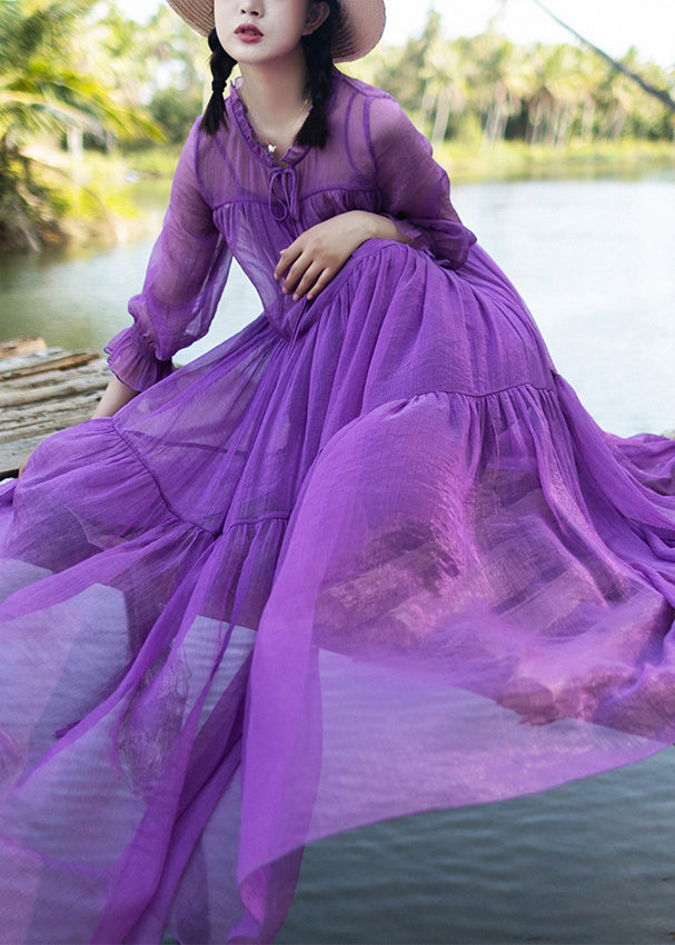 DIY Purple O-Neck Neck Tie Patchwork Chiffon Long Holiday Dresses Spring LY1733 - fabuloryshop