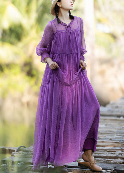 DIY Purple O-Neck Neck Tie Patchwork Chiffon Long Holiday Dresses Spring LY1733 - fabuloryshop