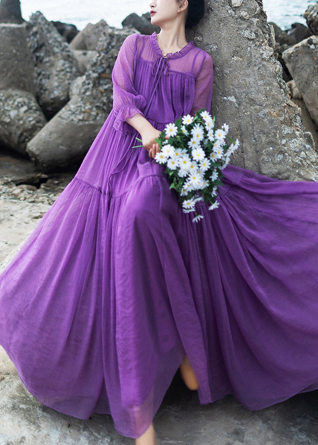 DIY Purple O-Neck Neck Tie Patchwork Chiffon Long Holiday Dresses Spring LY1733 - fabuloryshop