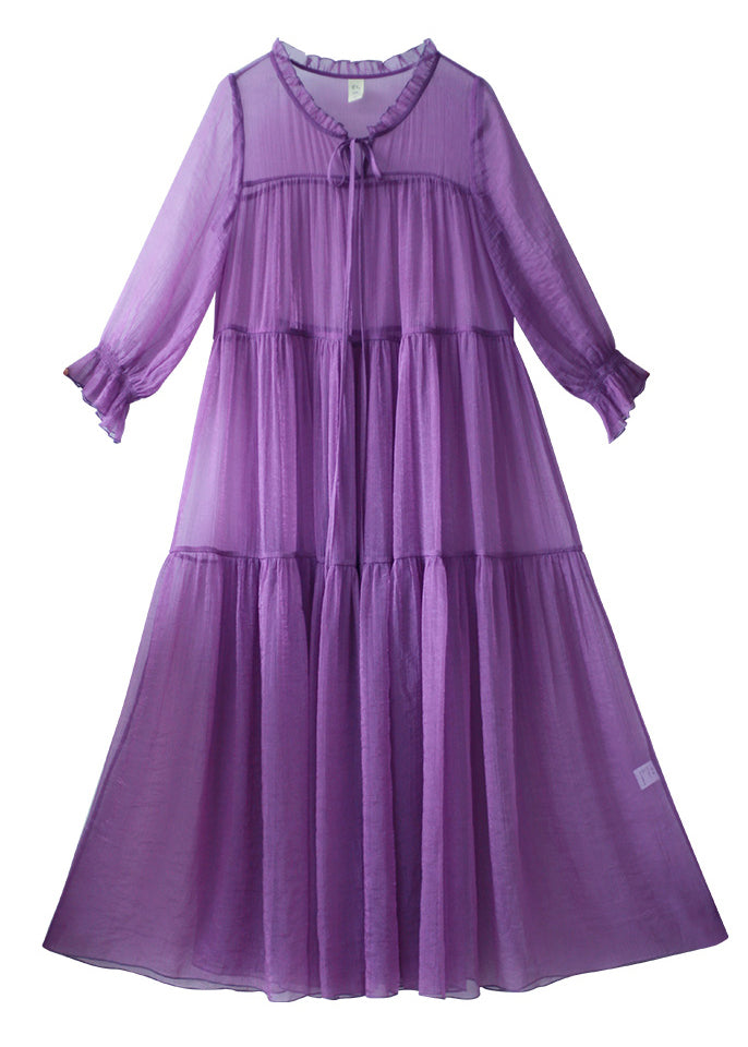 DIY Purple O-Neck Neck Tie Patchwork Chiffon Long Holiday Dresses Spring LY1733 - fabuloryshop