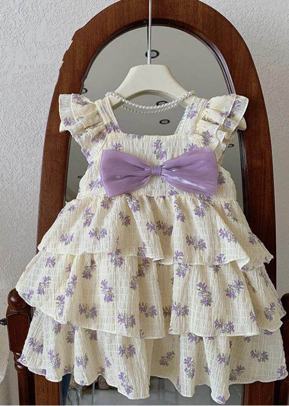 DIY Purple Print Bow Wrinkled Patchwork Cotton Kids Girls Dress Summer Ada Fashion