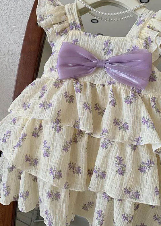 DIY Purple Print Bow Wrinkled Patchwork Cotton Kids Girls Dress Summer Ada Fashion