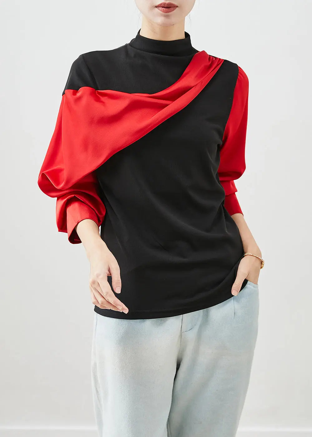 DIY Red Asymmetrical Patchwork Cotton Shirt Tops Batwing Sleeve Ada Fashion