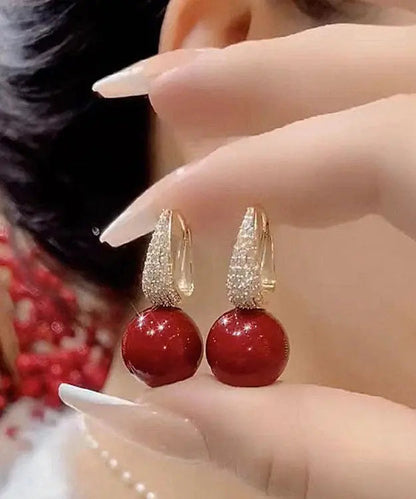 DIY Red Copper Overgild Zircon Pearl Drop Earrings Ada Fashion