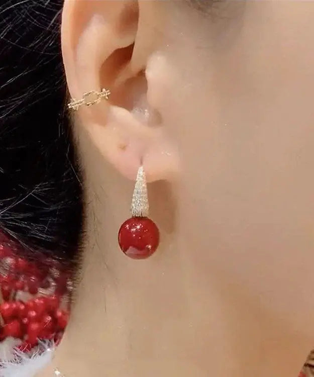 DIY Red Copper Overgild Zircon Pearl Drop Earrings Ada Fashion