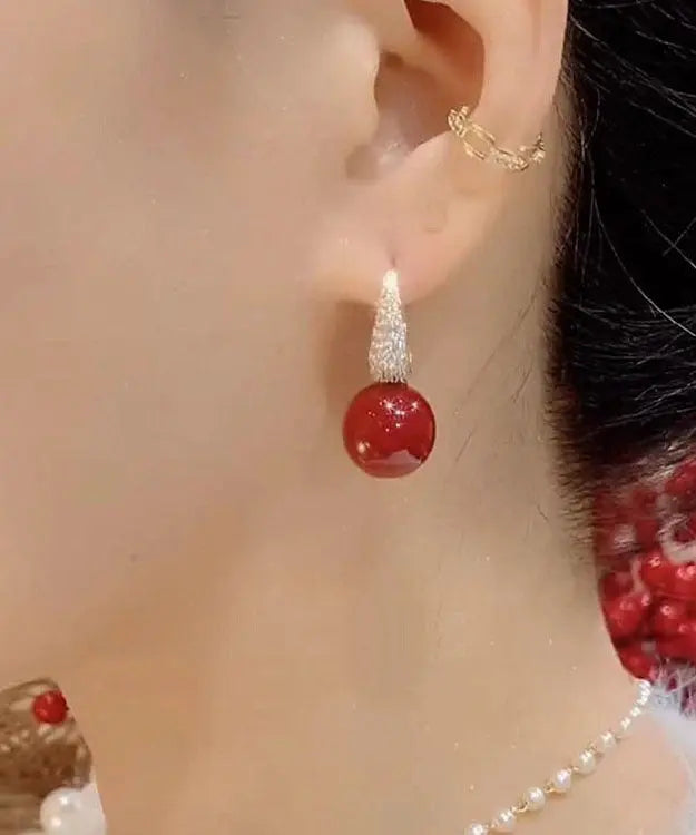 DIY Red Copper Overgild Zircon Pearl Drop Earrings Ada Fashion