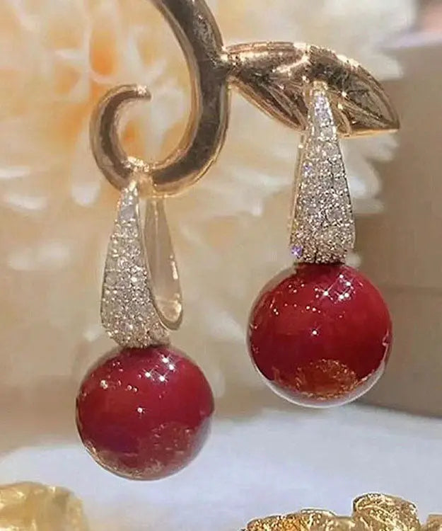 DIY Red Copper Overgild Zircon Pearl Drop Earrings Ada Fashion