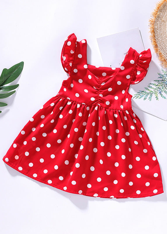 DIY Red O-Neck Dot Print Wrinkled Kids Mid Dress Sleeveless LY6458 - fabuloryshop