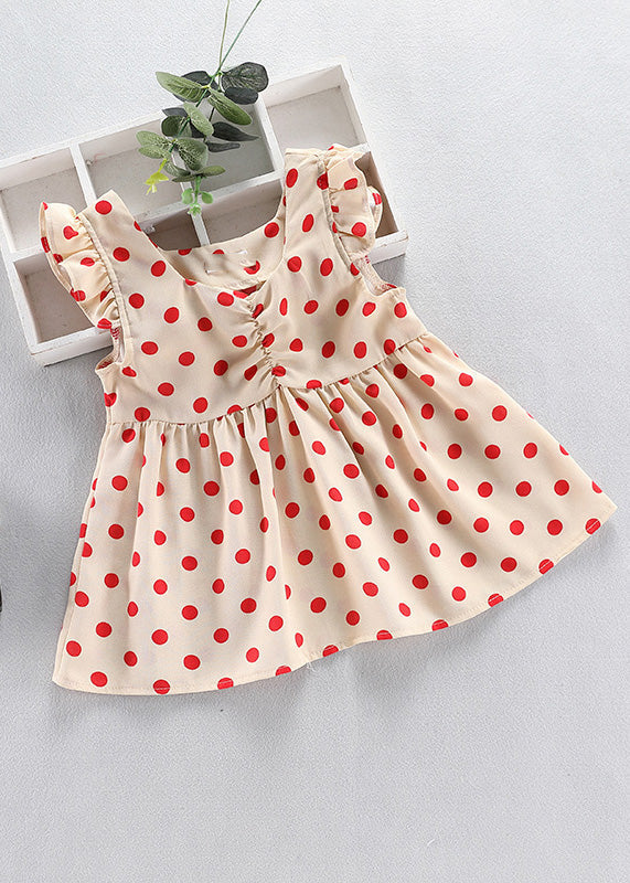 DIY Red O-Neck Dot Print Wrinkled Kids Mid Dress Sleeveless LY6458 - fabuloryshop