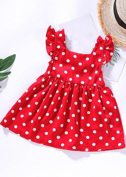 DIY Red O-Neck Dot Print Wrinkled Kids Mid Dress Sleeveless LY6458 - fabuloryshop