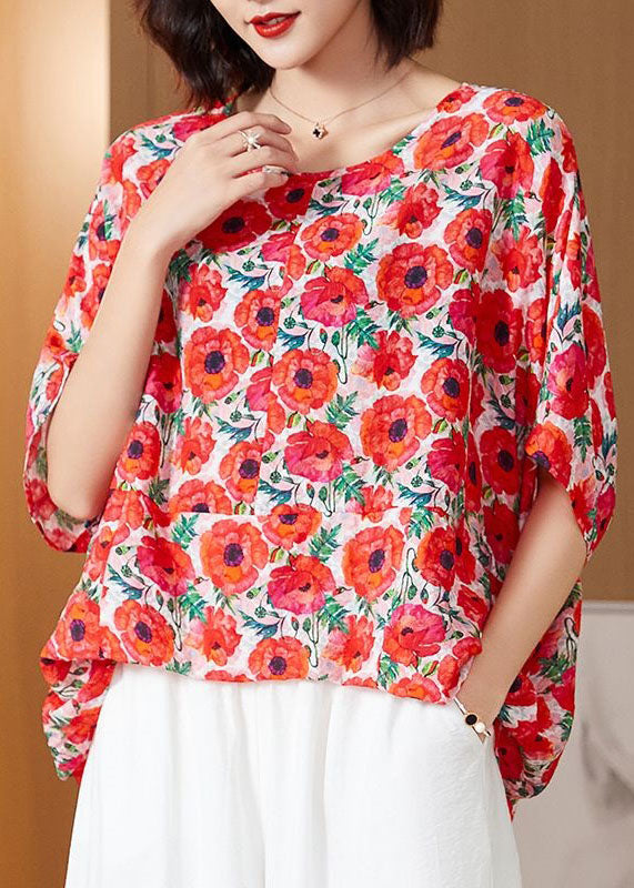 DIY Red O Neck Print Patchwork Silk T Shirt Top Summer LY4663 - fabuloryshop