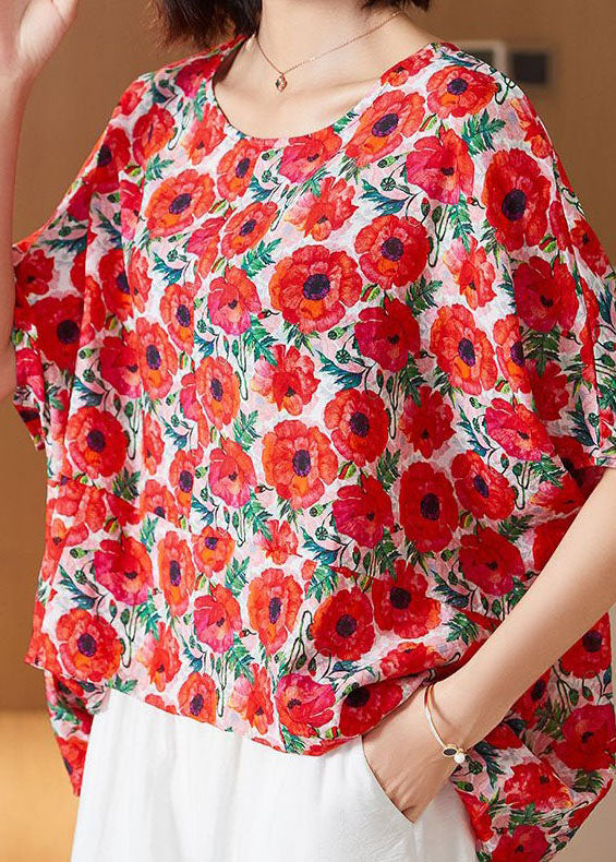 DIY Red O Neck Print Patchwork Silk T Shirt Top Summer LY4663 - fabuloryshop