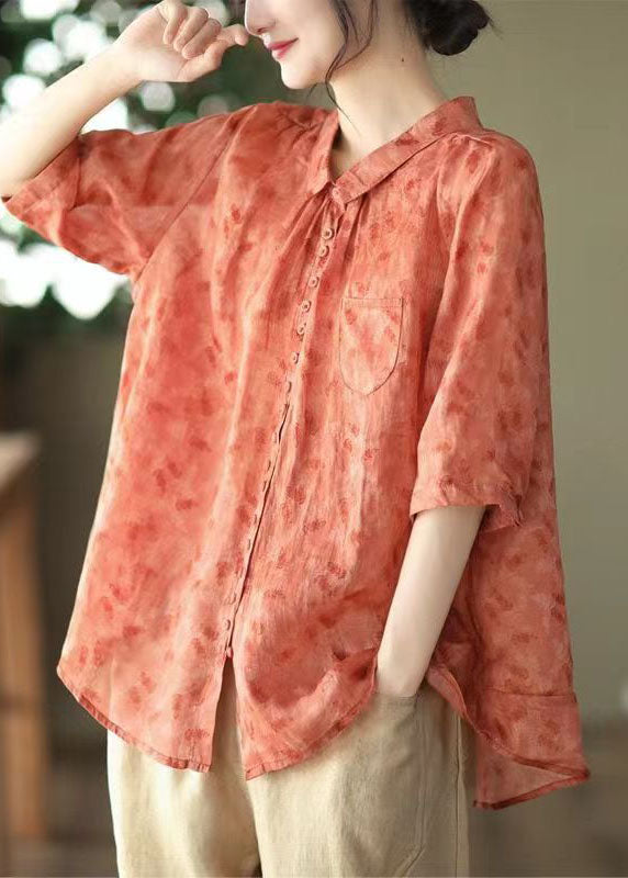 DIY Red Peter Pan Collar Print Patchwork Linen Blouses Summer Ada Fashion