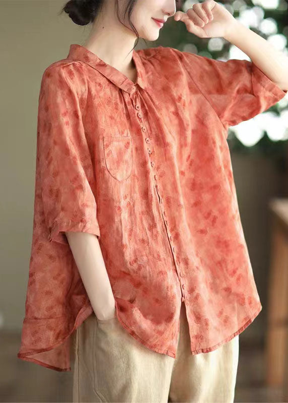 DIY Red Peter Pan Collar Print Patchwork Linen Blouses Summer Ada Fashion