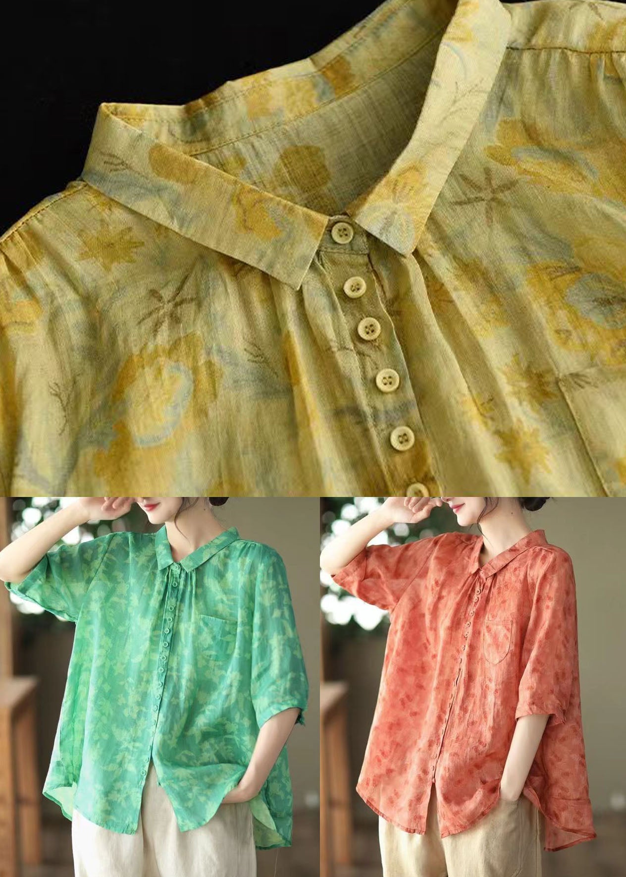 DIY Red Peter Pan Collar Print Patchwork Linen Blouses Summer Ada Fashion