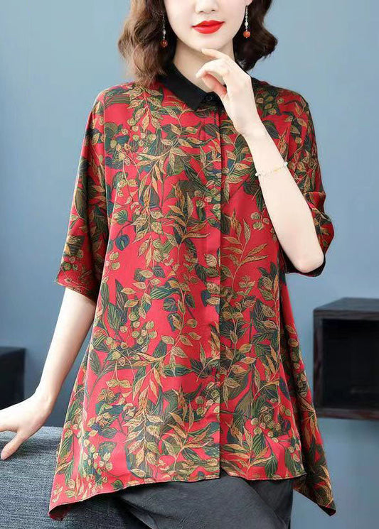 DIY Red Peter Pan Collar Print Patchwork Silk Shirts Summer LY6682 - fabuloryshop