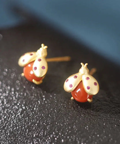 DIY Red Sterling Silver Overgild Little Bee Stud Earrings Ada Fashion