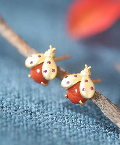 DIY Red Sterling Silver Overgild Little Bee Stud Earrings Ada Fashion