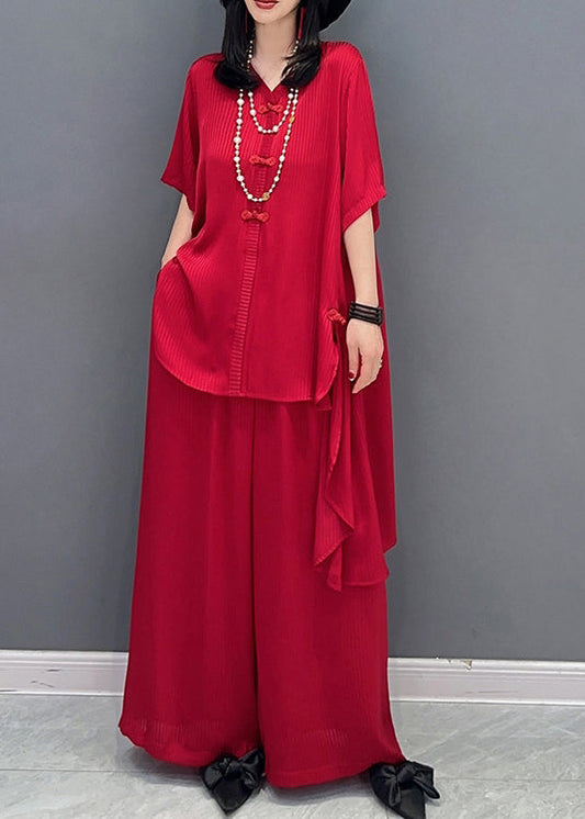 DIY Red V Neck Asymmetrical Solid Shirts And Wide Leg Pants Two Piece Set Spring LC0311 - fabuloryshop