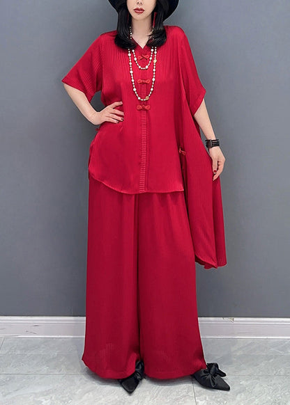 DIY Red V Neck Asymmetrical Solid Shirts And Wide Leg Pants Two Piece Set Spring LC0311 - fabuloryshop