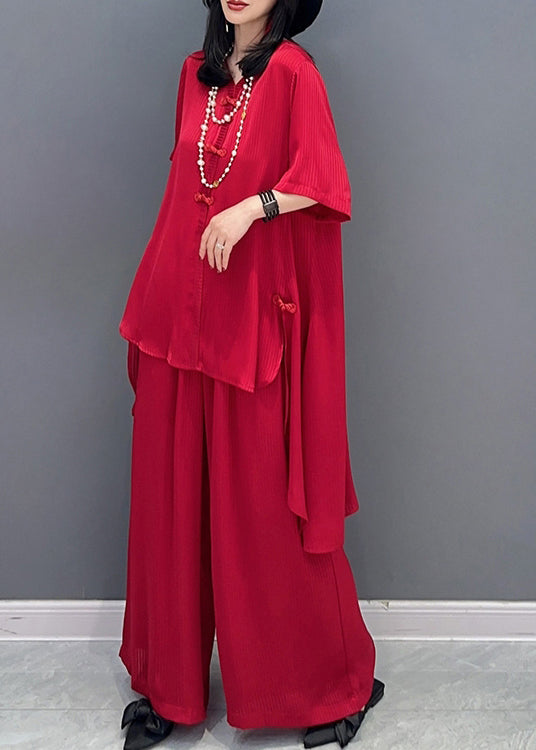 DIY Red V Neck Asymmetrical Solid Shirts And Wide Leg Pants Two Piece Set Spring LC0311 - fabuloryshop