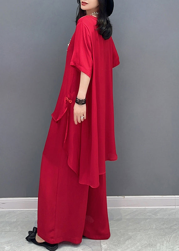 DIY Red V Neck Asymmetrical Solid Shirts And Wide Leg Pants Two Piece Set Spring LC0311 - fabuloryshop