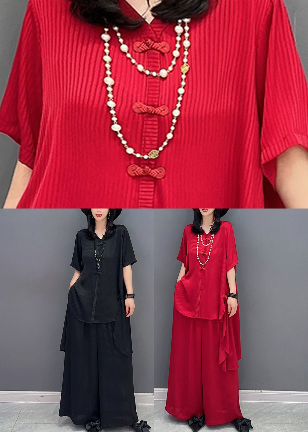 DIY Red V Neck Asymmetrical Solid Shirts And Wide Leg Pants Two Piece Set Spring LC0311 - fabuloryshop