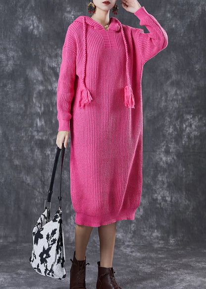 DIY Rose Hooded Drawstring Knit Pullover Sweatshirt Dress Fall Ada Fashion