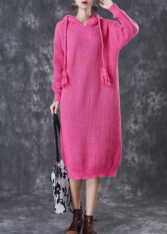 DIY Rose Hooded Drawstring Knit Pullover Sweatshirt Dress Fall Ada Fashion