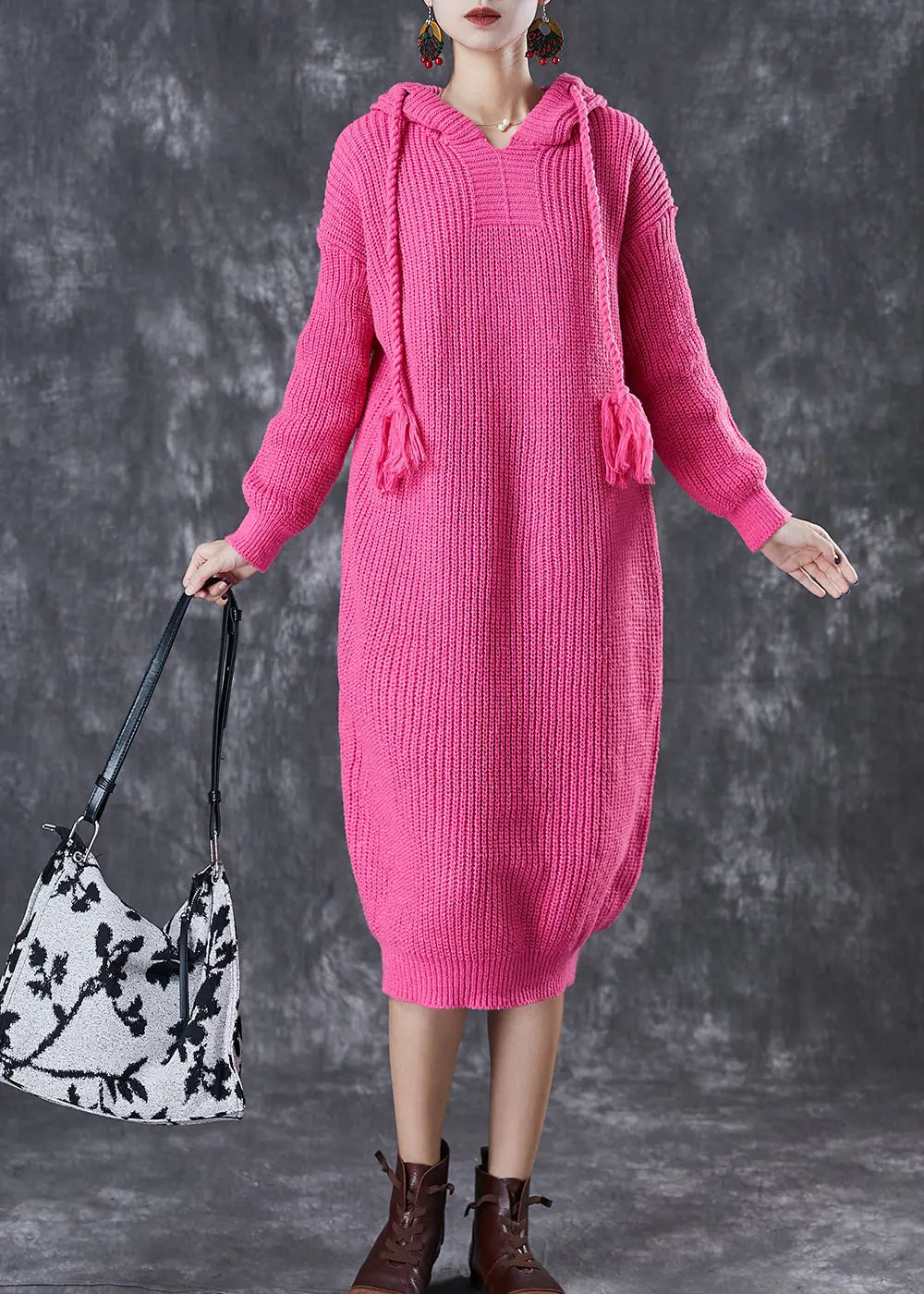 DIY Rose Hooded Drawstring Knit Pullover Sweatshirt Dress Fall Ada Fashion