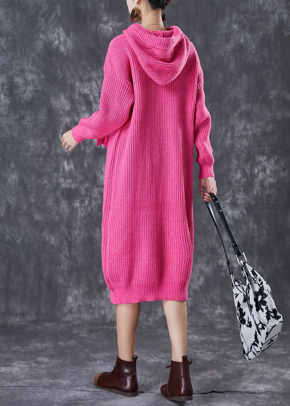 DIY Rose Hooded Drawstring Knit Pullover Sweatshirt Dress Fall Ada Fashion